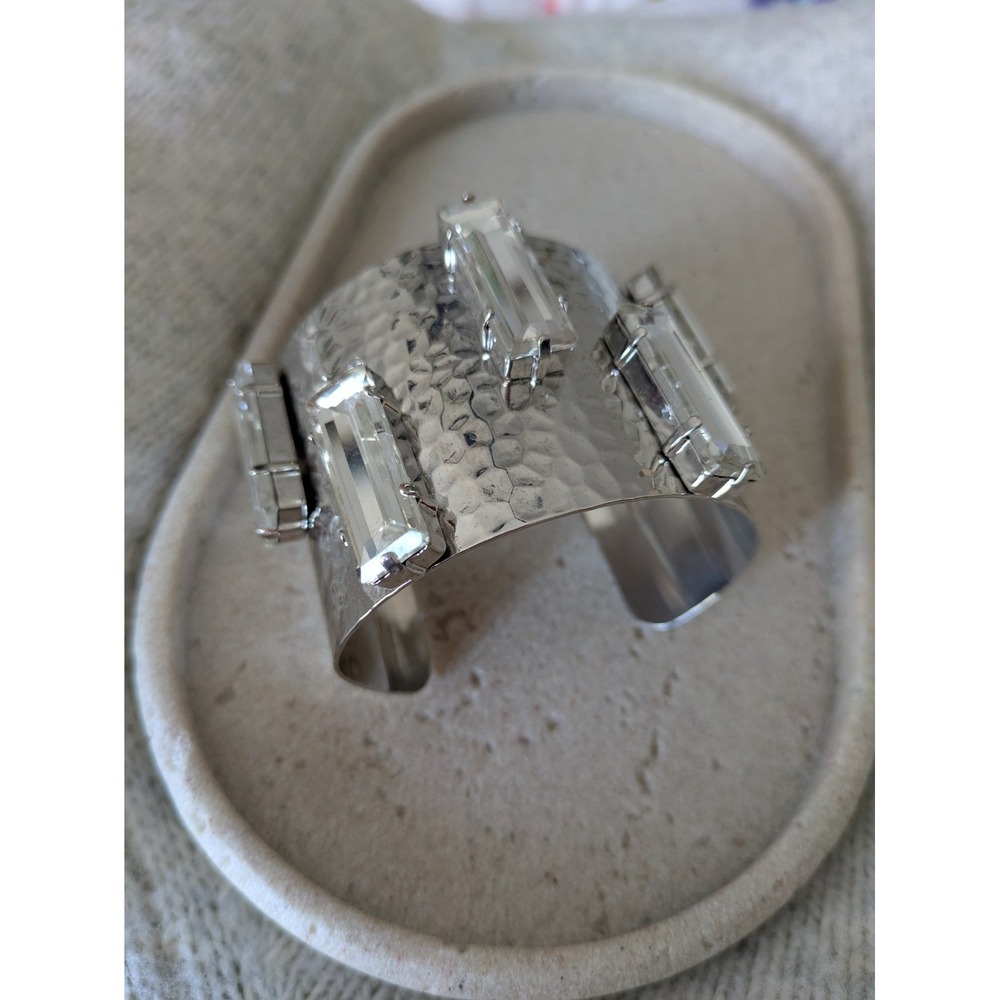 Hammered Silver Tone Cuff Bracelet With Rectangle Rhinestones Chunky Wide Glam